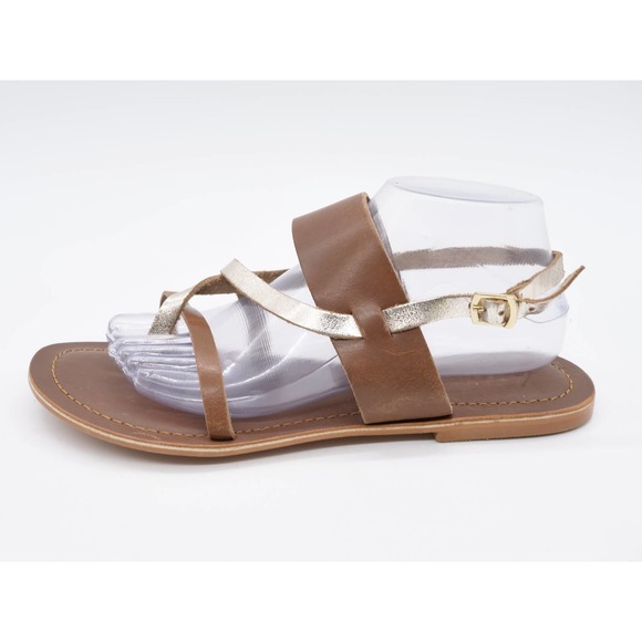 Lane Bryant Sandals Womens 10 Wide Brown Leather Slingback Flat Heel Toe Ring - Picture 2 of 12